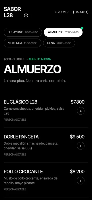 Menú de Sabor L28 visto en un celular